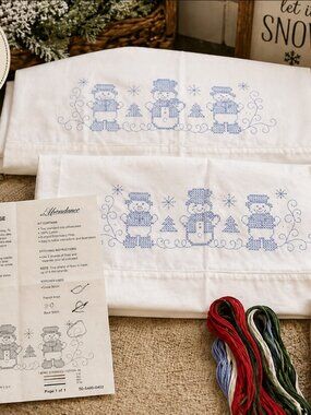Vintage Snowman Pillowcase Embroidery Kit SET of 2 w/ Thread & Pattern – Unused